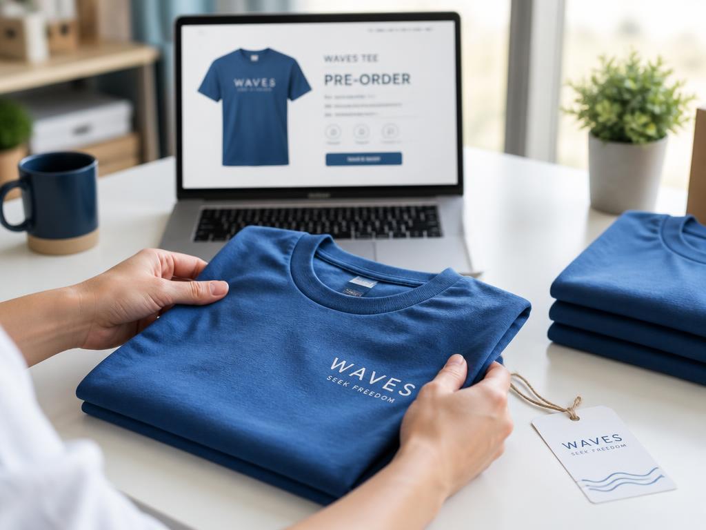 Organizer folding a freshly printed shirt next to a pre-order page on a laptop